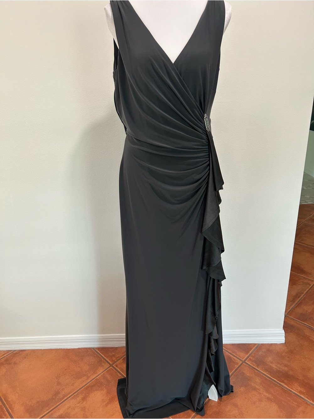 Ralph Lauren Charcoal V-Neck Draped Gown with Side Ruffle